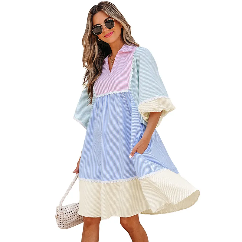 Women's Color Matching Knee-length Skirt V-neck Dress - Lc6124789 Color