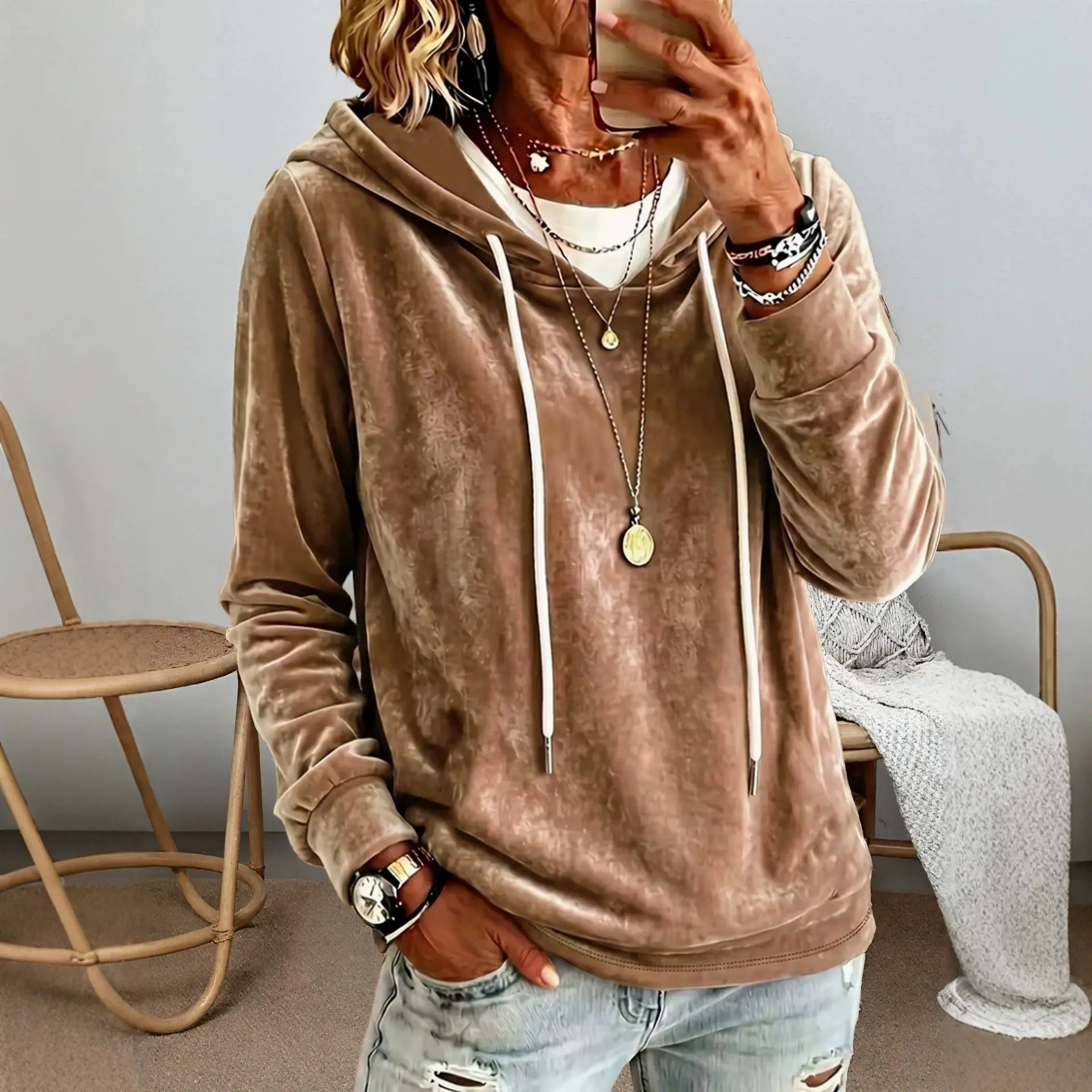 Womens Stylish And Elegant Gold-velvet Hooded Long-sleeve