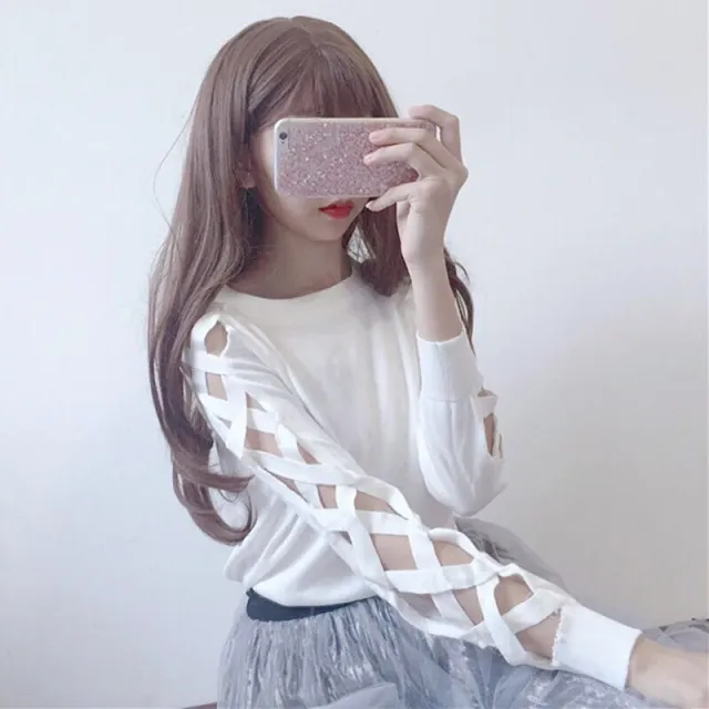 Spring And Autumn Pullover Sexy Cutout Round Neck Knitted Bottoming Shirt White - Shop at LoveMi
