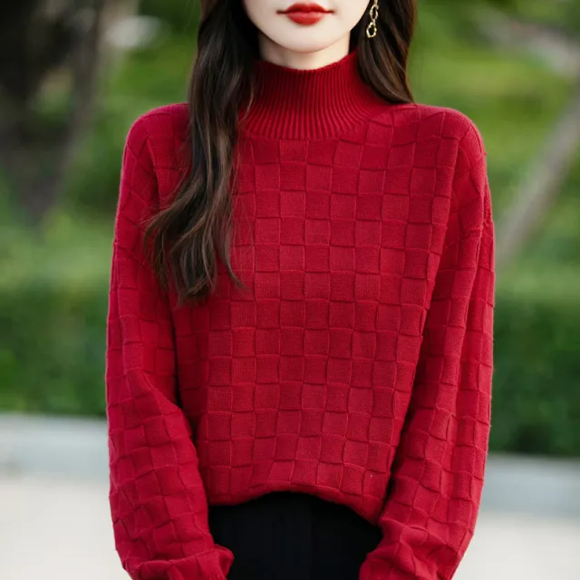 Women's Square Decorative Solid Color Long sleeved Knitted Sweater Ankela Red - Shop at LoveMi