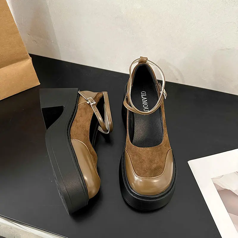 Retro Height Increasing Thick High Heel Shoes - Khaki