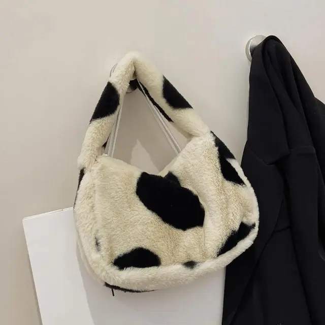 Japanese Ins Black Love Heart Simplicity Cute Winter Plush Bag Beige - Shop at LoveMi