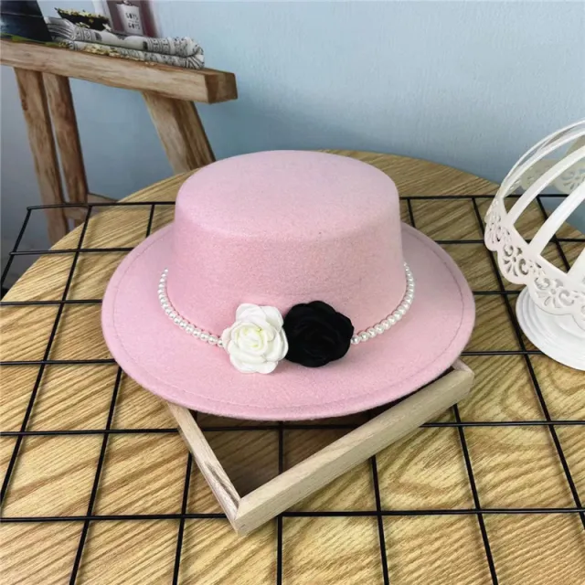 Vintage Top Hat Female Pearl Chain Flower Woolen Flat Hat Pink - Shop at LoveMi