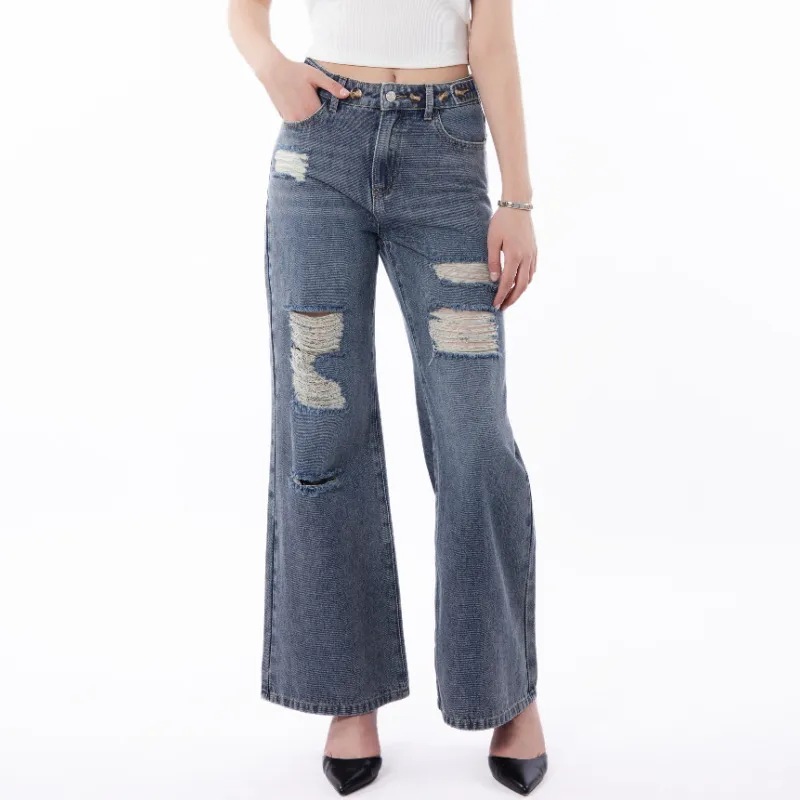 Women's Retro Large Size Worn Wide-leg Jeans - Gray