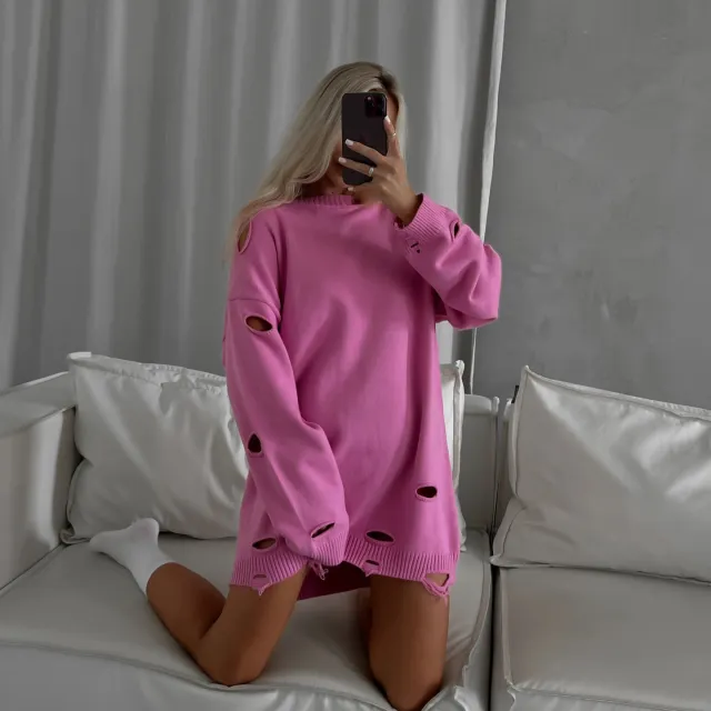 Loose Sweater With Ripped Waste Soil Pink - Shop at LoveMi