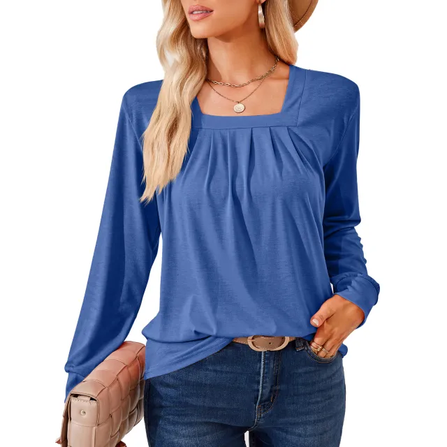 Loose fitting T shirt With A Square Neckline Pleats And Long Sleeves Blue - Shop at LoveMi