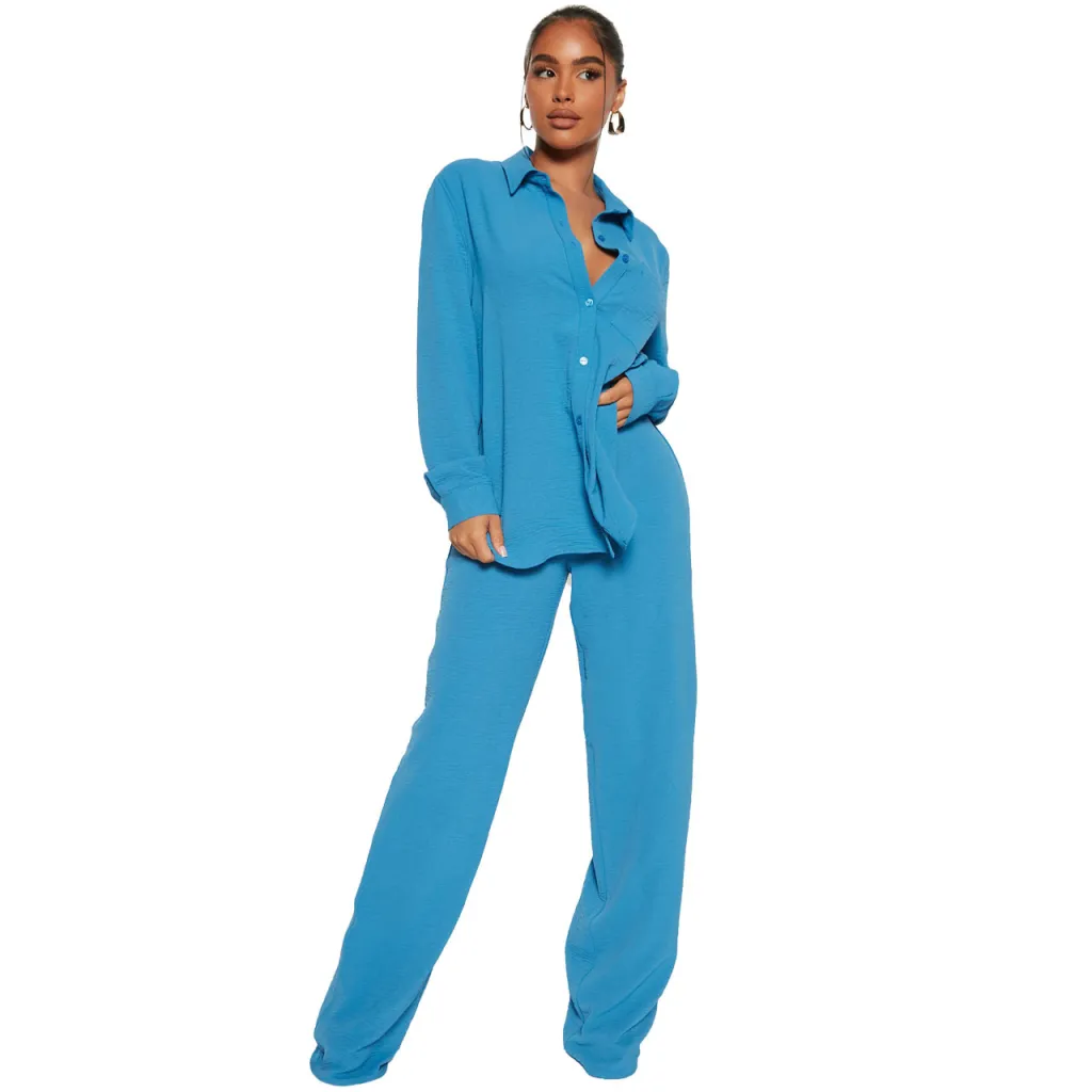 Fashion Casual Elastic Washing Wrinkle Two-piece Set - Sky Blue