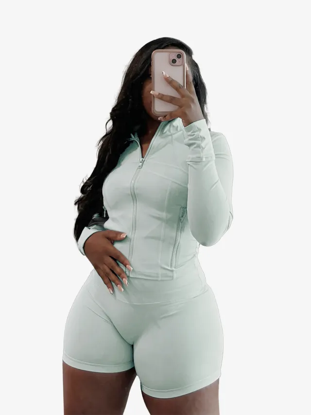 Spring And Summer Sporty Casual Sexy Tight Long sleeve Shorts Two piece Set Cyan - Shop at LoveMi