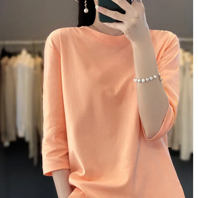 Women's Loose Summer width Mercerized Cotton Short sleeved T shirt Earl Orange - Shop at LoveMi