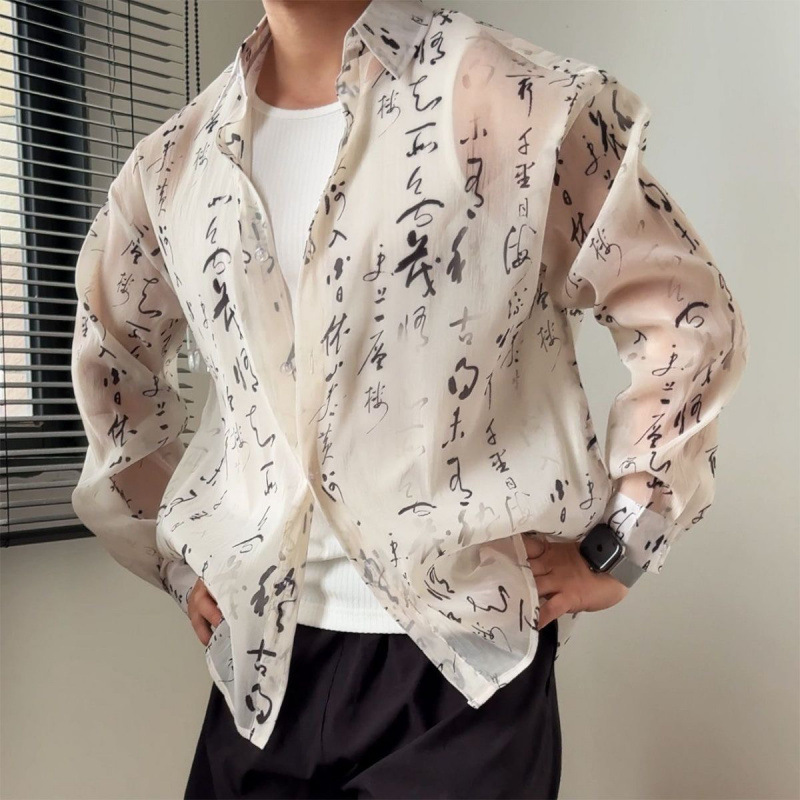 Chinese-style Calligraphy And Ink-wash Design Sheer Fabric Slim-fit Edgy Yet Casual Mens Shirt