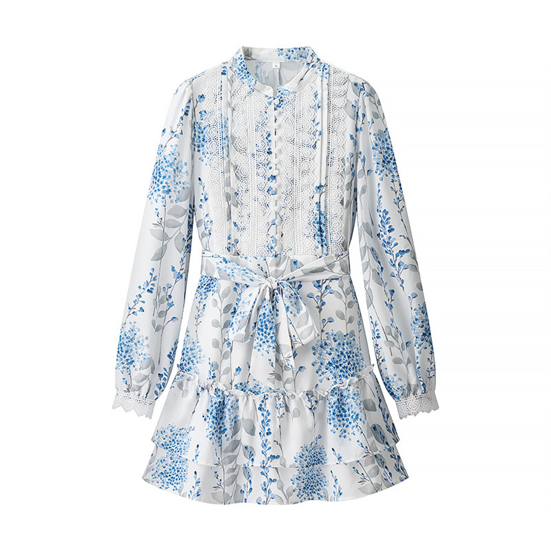 Blue And White Printed Stand Collar Puff Sleeve Long Sleeve Ruffled Dress