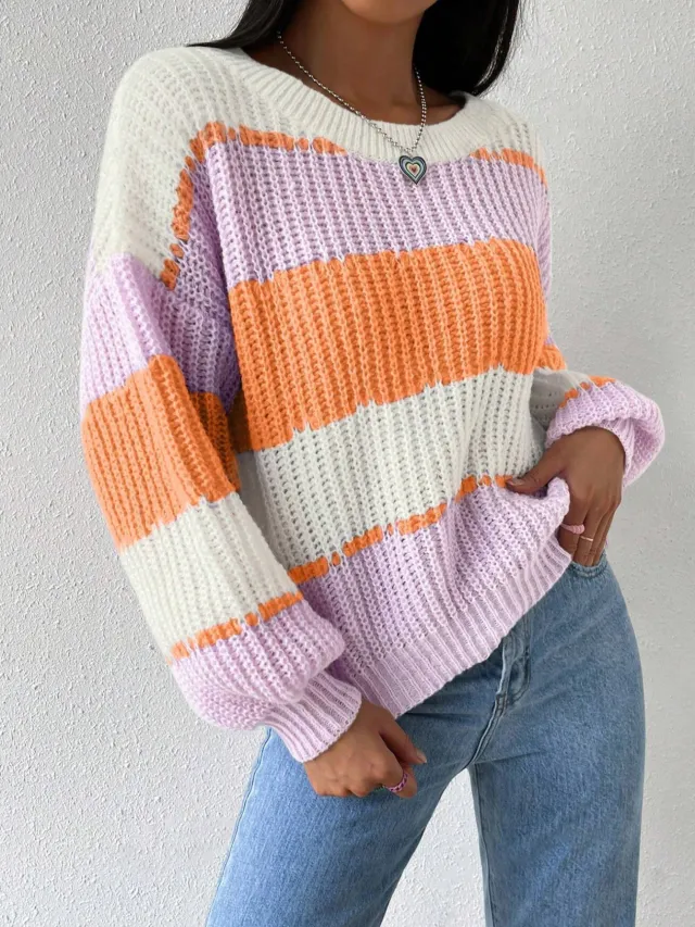 Autumn And Winter Long Sleeve Pullover Contrast Color Casual Orange - Shop at LoveMi