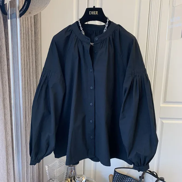 Retro French Pleated Puff Sleeve Loose V neck Shirt Black - Shop at LoveMi