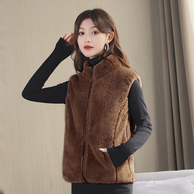 Bluză de damă din fleece cu două fețe - Jachetă călduroasă de pluș, fără mâneci, cu guler, pentru toamnă, iarnă, ținută casual în aer liber