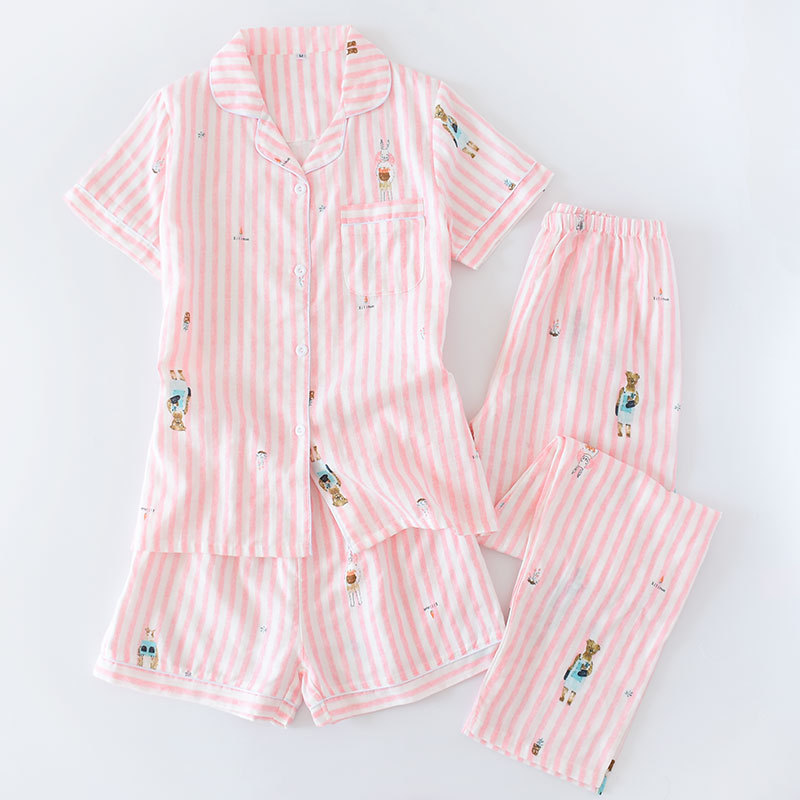 Women's Plus Size Cotton Short Sleeve Pajamas Three piece Set Pink Bear - Shop at LoveMi