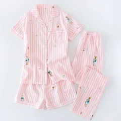 Women's Plus Size Cotton Short Sleeve Pyjamas Three-piece Set - Pink Bear - View 1