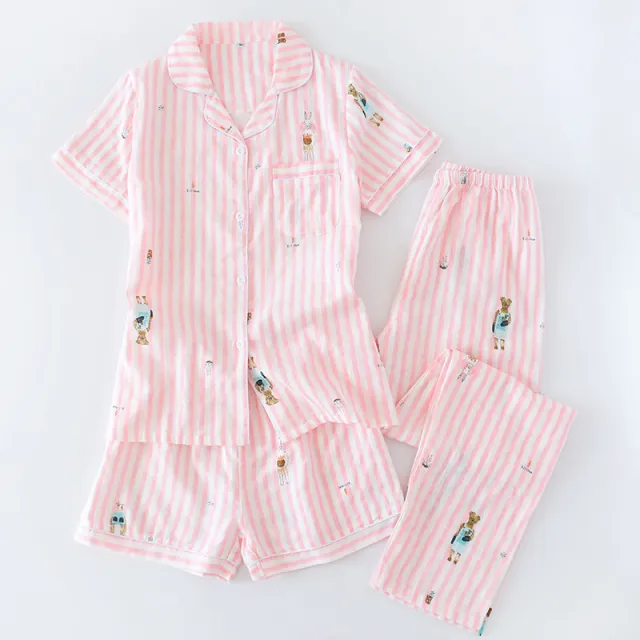 Women's Plus Size Cotton Short Sleeve Pajamas Three piece Set Pink Bear - Shop at LoveMi