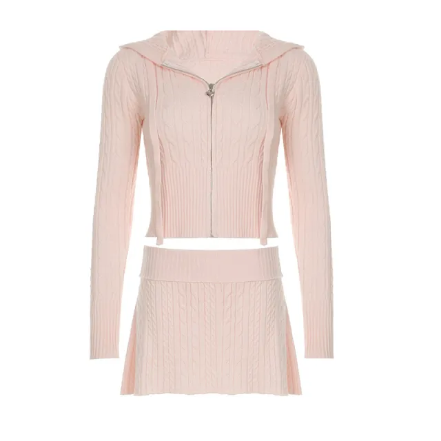 Spring And Autumn Sweater Casual Suit Zipper Hooded Sweatshirt Top Twist Waist Folding Woolen Skirt Pink Suit - Shop at LoveMi