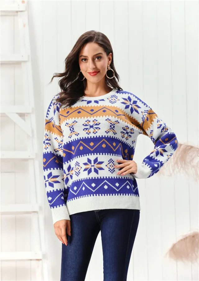 Crew Neck Pullover Sweater Loose Casual Long Sleeves Knitwear Blue - Shop at LoveMi