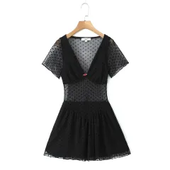 V-neck Flower Decoration Sexy Sheer Mesh Dress - Picture Color-L - View 1