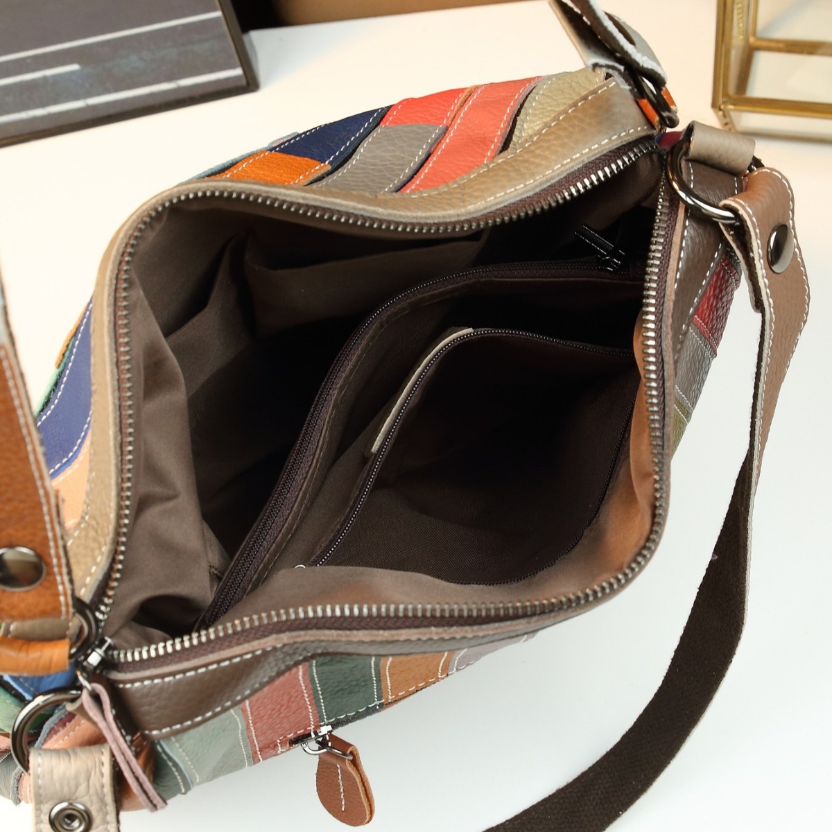Geometric Grid Leather Patchwork Colorful Shoulder Bag