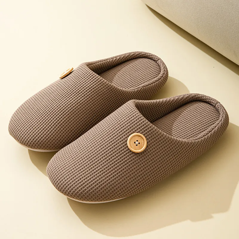 Simple Japanese And Korean Home Silent Four Seasons Soft Bottom Button Warm Interior Home Warm Slippers - Coffee