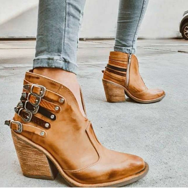 Womens Short Boots With A Five-buckle Leather Strap And Wooden Heel