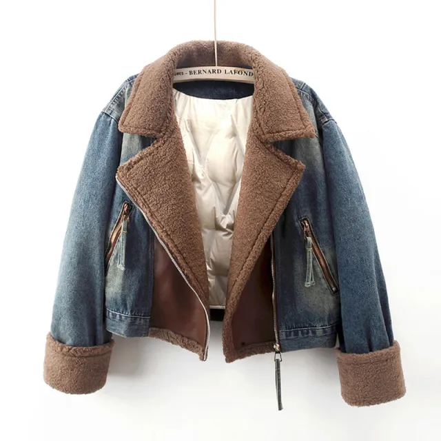 Lamb Wool Stitching Lightweight Down Liner Fleece lined Denim Coat Women's Short Top Jacket Blue - Shop at LoveMi