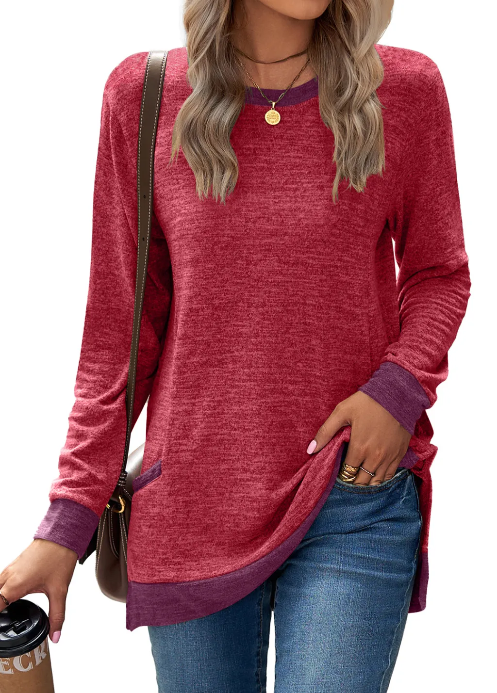 Round Neck Multicolor Pocket Long Sleeve Pullover Top Loose-fitting Casual T-shirt - Red