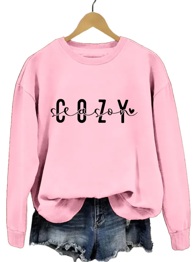 Fashion Printed Cozy Season Autumn Crew Neck Long Sleeve All match Loose Sweater Pink Black - Shop at LoveMi