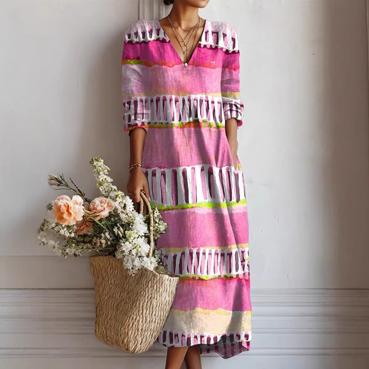 Printed V-Neck Fashionable Trendy Patchwork Womens Dress
