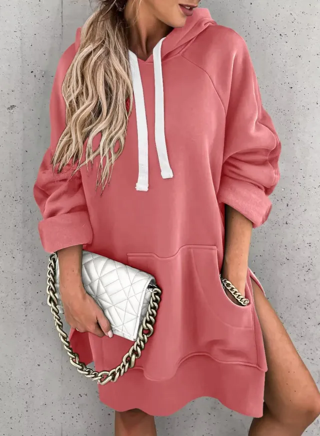Women's Solid Color Hooded Mid length Sweater Pink - Shop at LoveMi