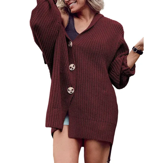 Women's Lapel Pocket Knitted Cardigan Button Mid length Coat Wine Red - Shop at LoveMi