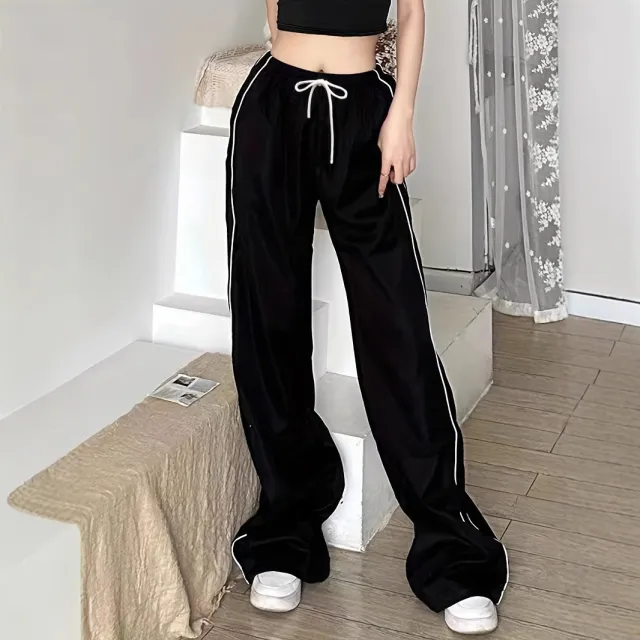Drawstring Leisure Elastic Waist Pants On Both Sides Black - Shop at LoveMi