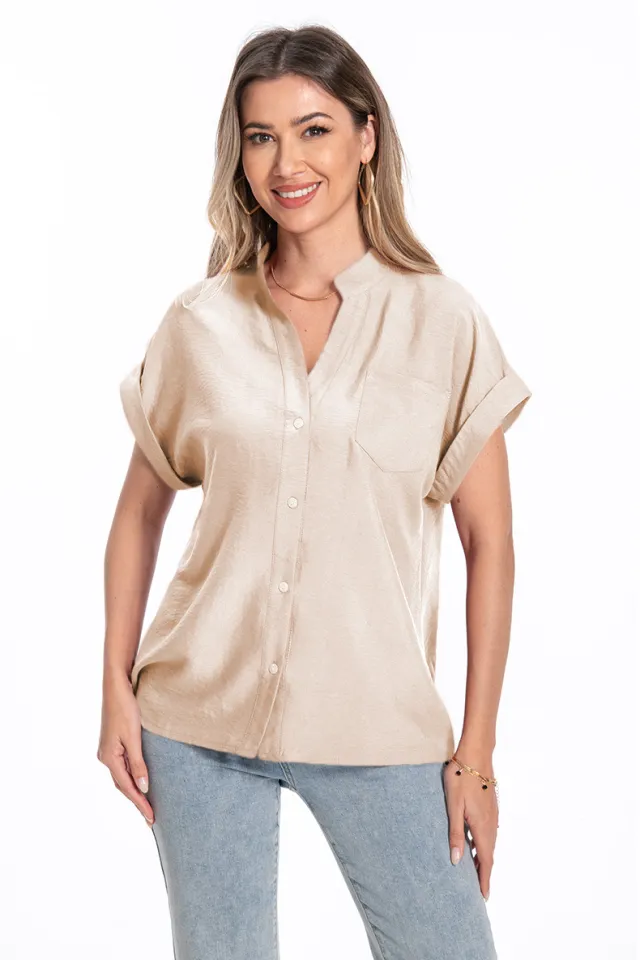 Stand Collar Button Fashion Comfortable Short Sleeve Women's Summer Top Beige - Shop at LoveMi
