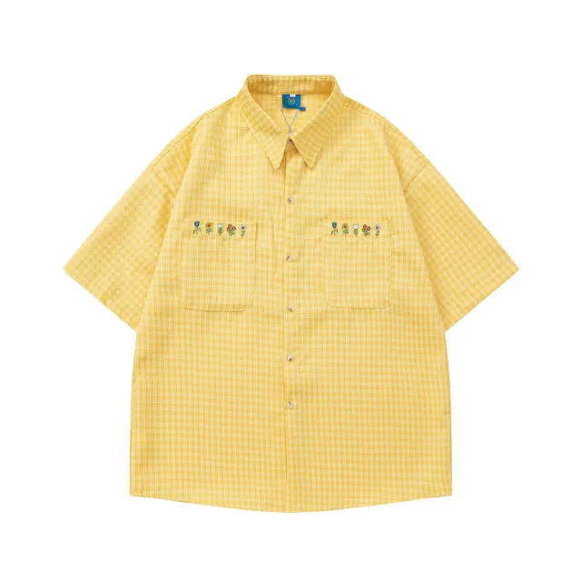 Plaid Embroidered Short sleeved Loose All match Couple Shirt Red - Shop at LoveMi