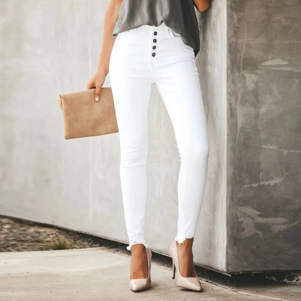 European And American Ladies Jeans Solid Color Stretch - White