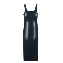 Women's French Style Slim Fit Backless Back Slit Sling Denim Long Dress - Dark Blue - View 1