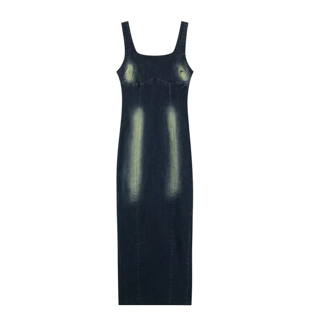 Women's French Style Slim Fit Backless Back Slit Sling Denim Long Dress Dark Blue - Shop at LoveMi