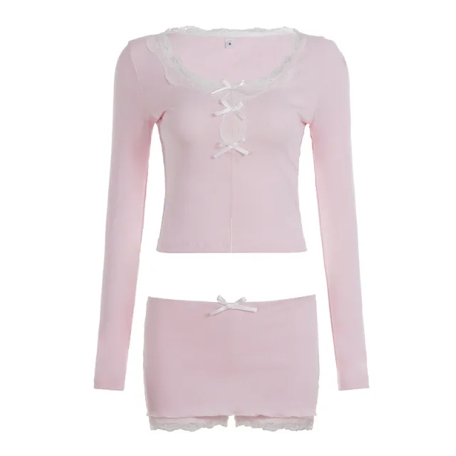 Women's Low neck Lace Top And Slim fit Skirt pants Two piece Set Pink - Shop at LoveMi