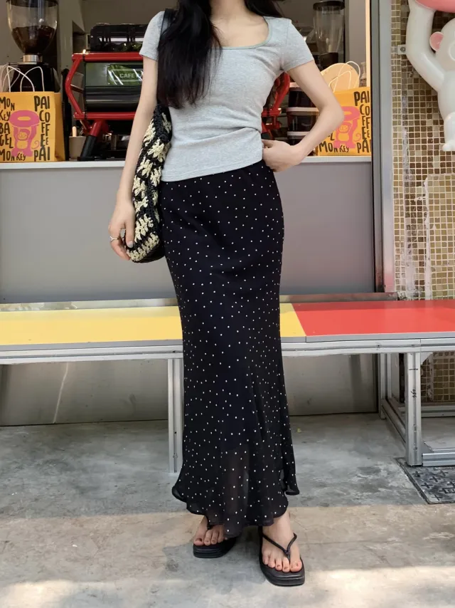 Polka Dot Chiffon Sheath High Waist Skirt Women's Fishtail Skirt Black - Shop at LoveMi