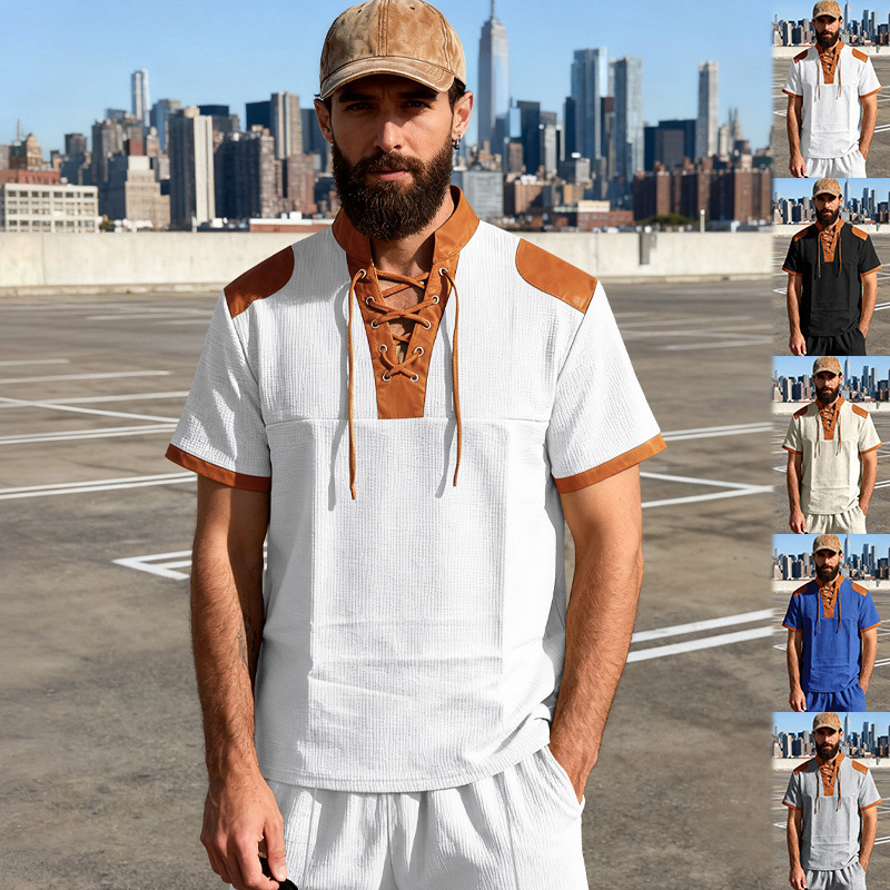 Mens Casual Medieval-Style Drawstring-Collar Short-Sleeve T-Shirt