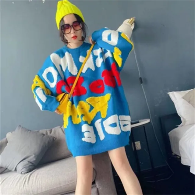Cartoon Sweater For Women Loose Thick Western Style Women's Clothing Blue - Shop at LoveMi