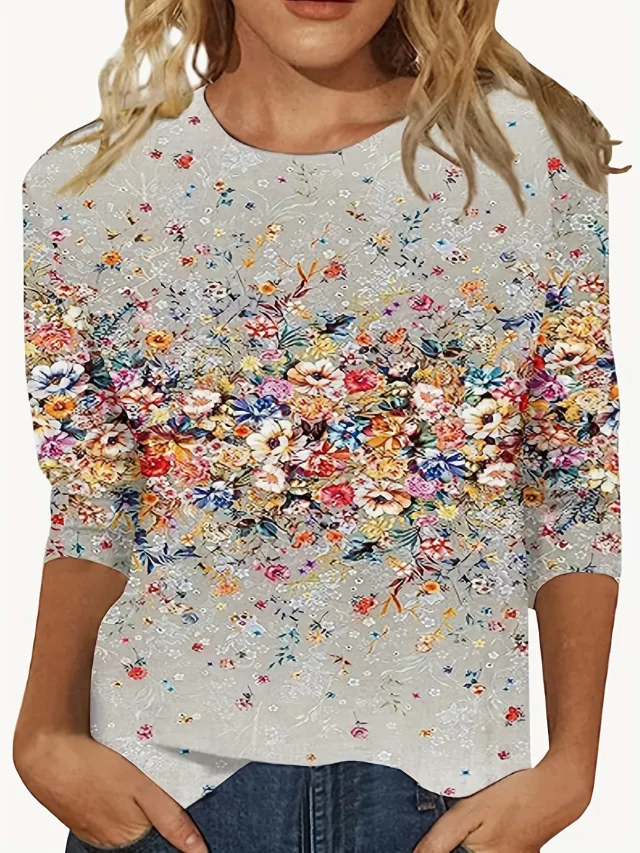 European And American Flower Plant Printed Round Neck Long Sleeve 14Color - Shop at LoveMi