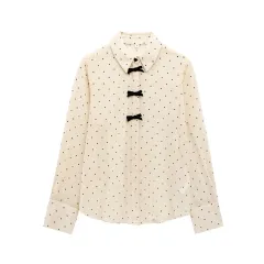 Fashion Women Bowknot Decoration Loose Casual Shirt - Apricot - View 1
