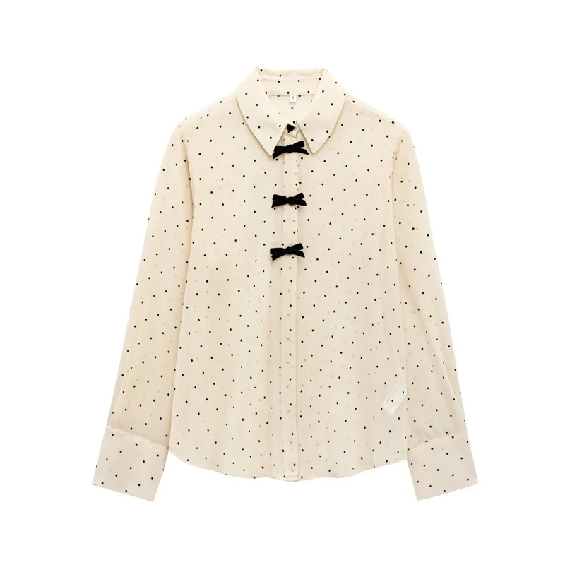 Fashion Women Bowknot Decoration Loose Casual Shirt - Apricot