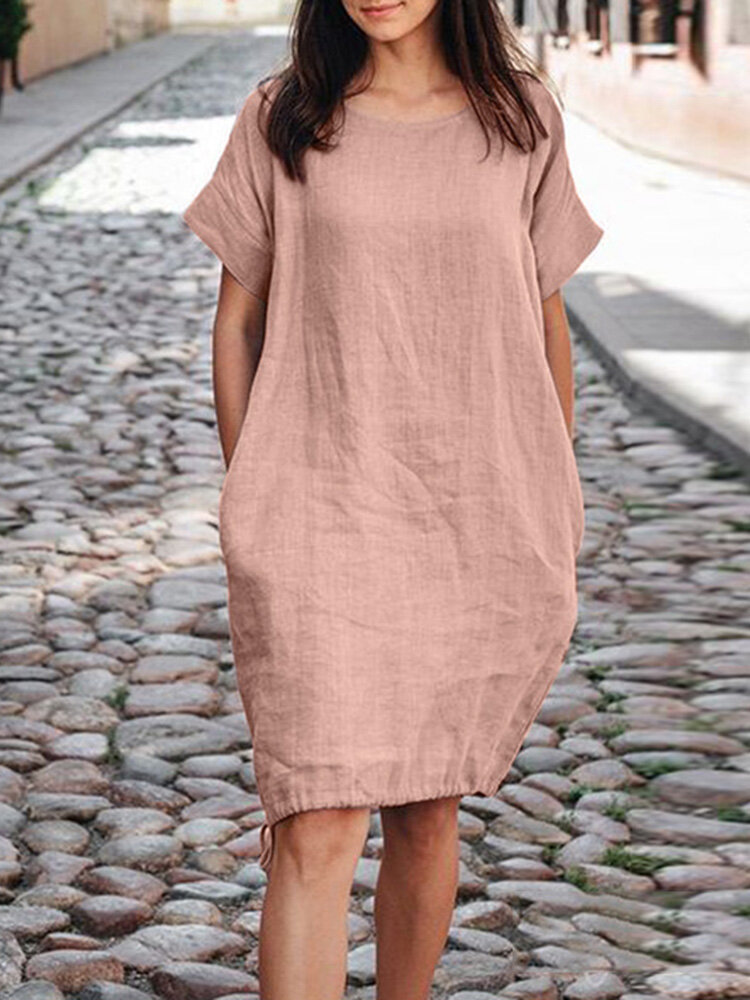 Casual Cotton-Linen Short-Sleeve Dress with Pockets