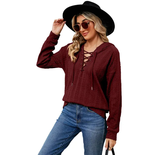 Women's Solid Color Hooded Sweater Neckline Tied Long Sleeves Top Wine Red - Shop at LoveMi