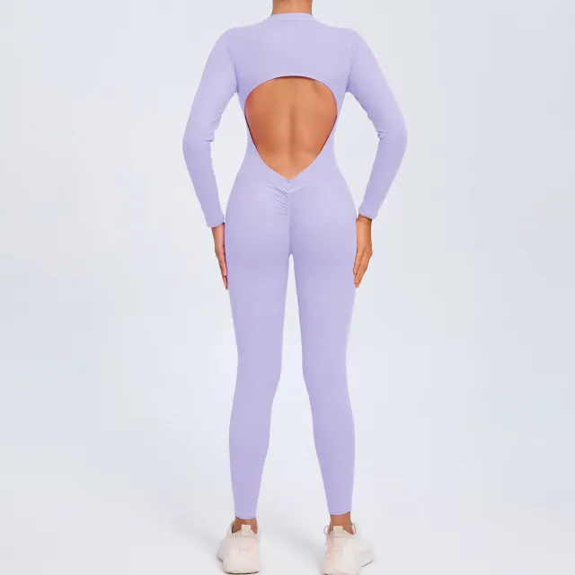 Women's Solid Color Backless Long sleeve Zipper One piece Light Purple - Shop at LoveMi