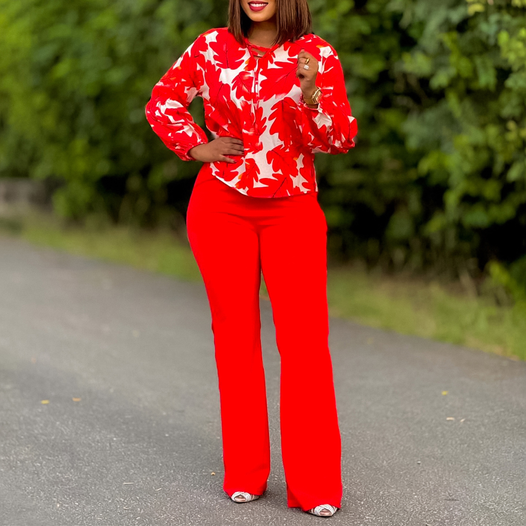 Women's Fashion Printed Long-sleeved Two-piece Suit